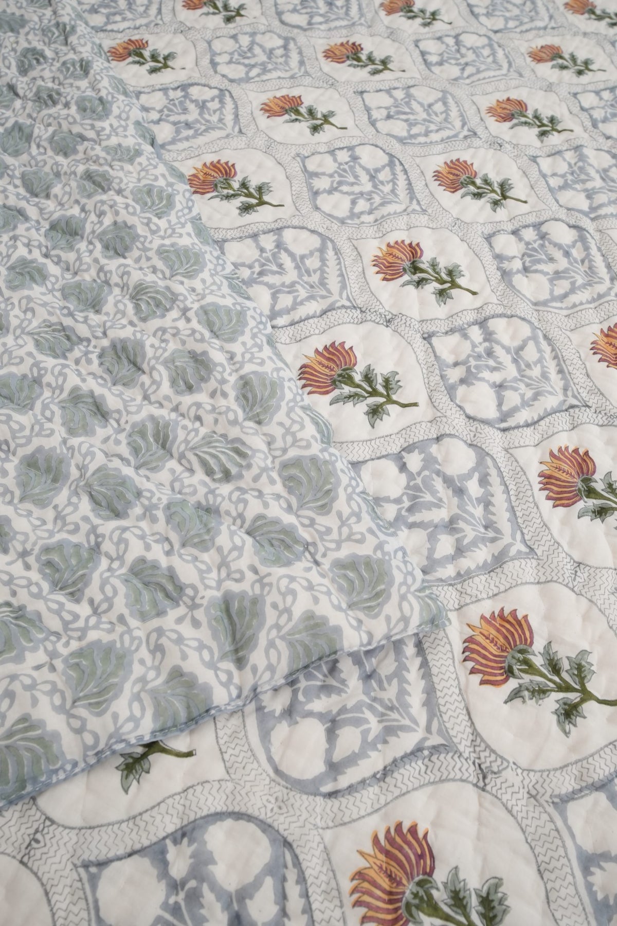 Grey & Brown Floral Jaal Handblock Reversible Double Quilt