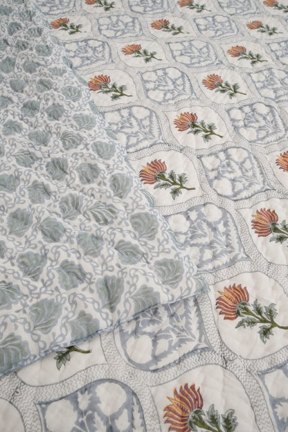Grey & Brown Floral Jaal Handblock Reversible Double Quilt
