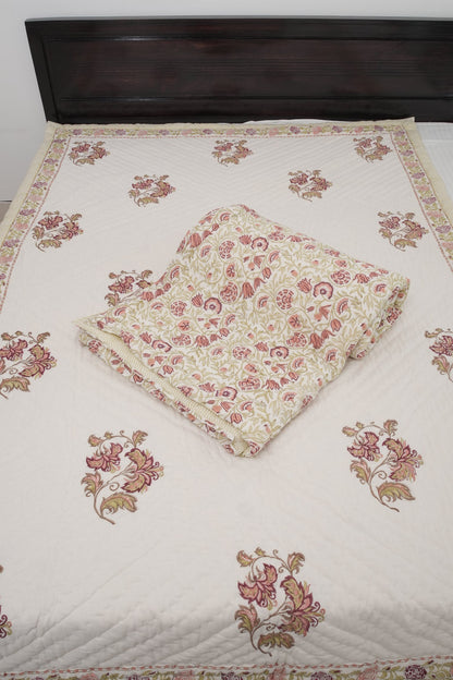Brown Big Floral Handblock Reversible Single Pair Quilt