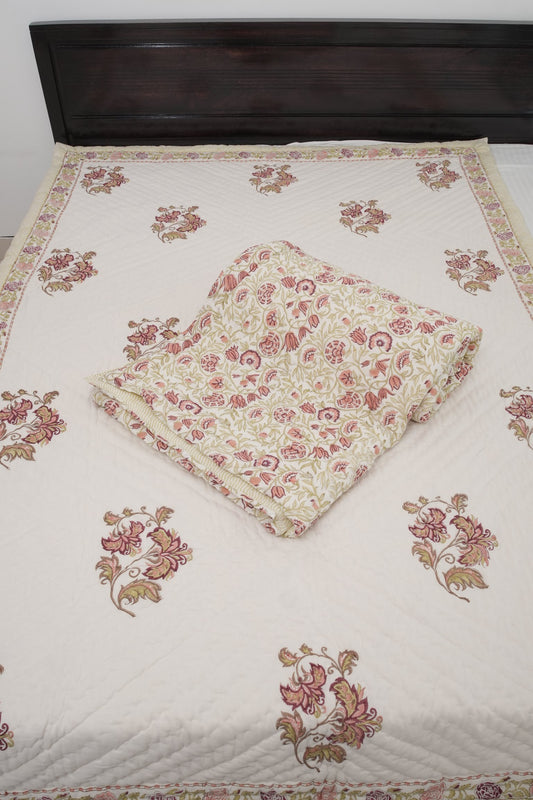 Brown Big Floral Handblock Reversible Single Pair Quilt