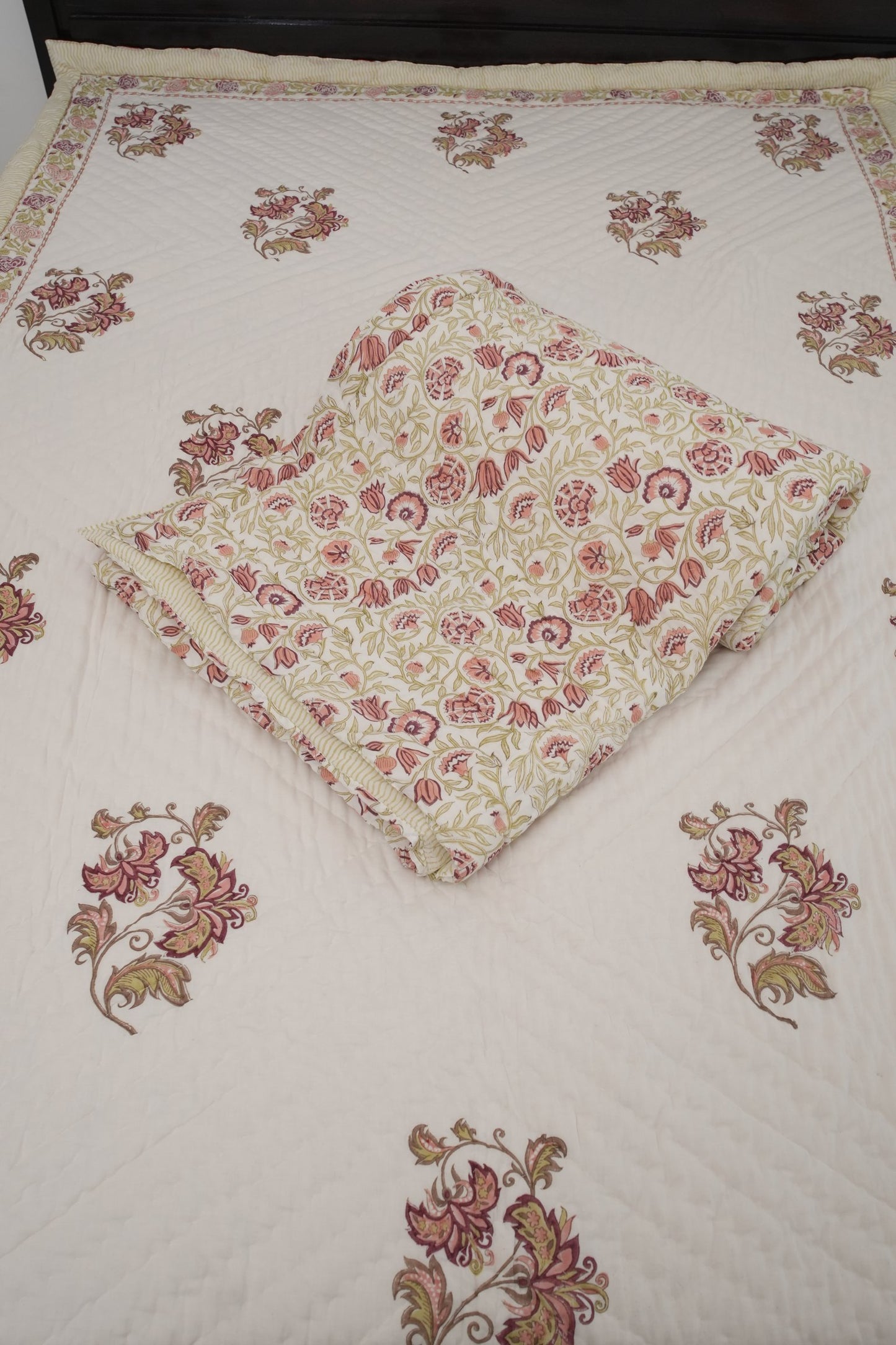 Brown Big Floral Handblock Reversible Single Pair Quilt