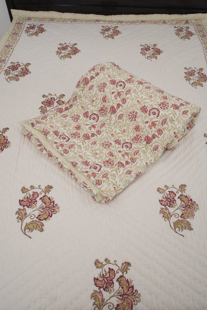 Brown Big Floral Handblock Reversible Single Pair Quilt