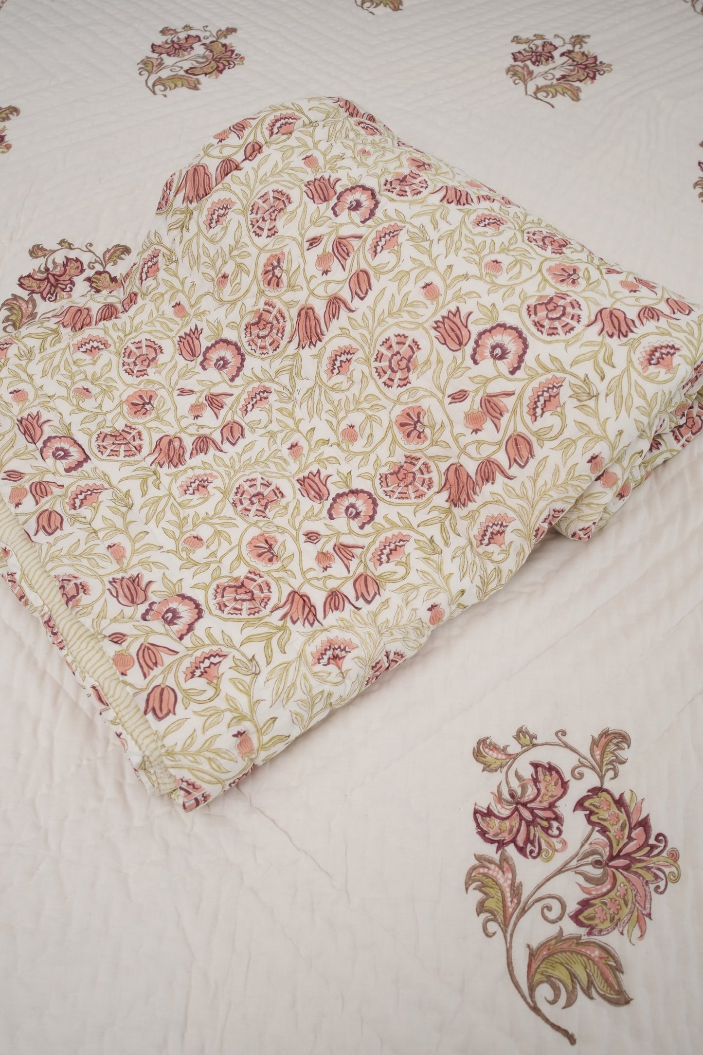 Brown Big Floral Handblock Reversible Single Pair Quilt