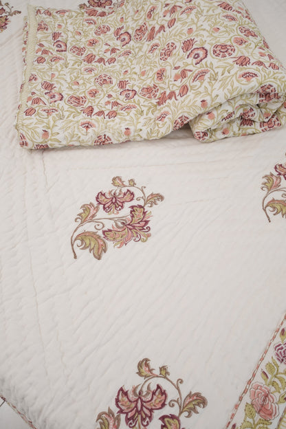 Brown Big Floral Handblock Reversible Single Pair Quilt