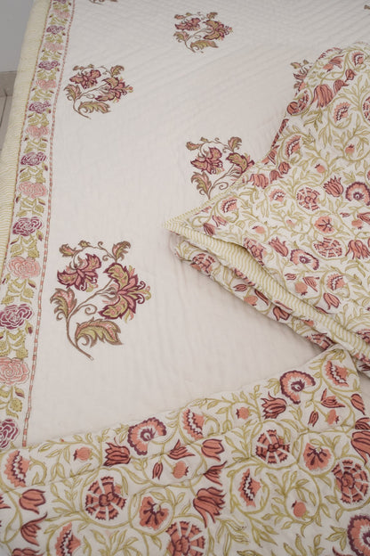 Brown Big Floral Handblock Reversible Single Pair Quilt