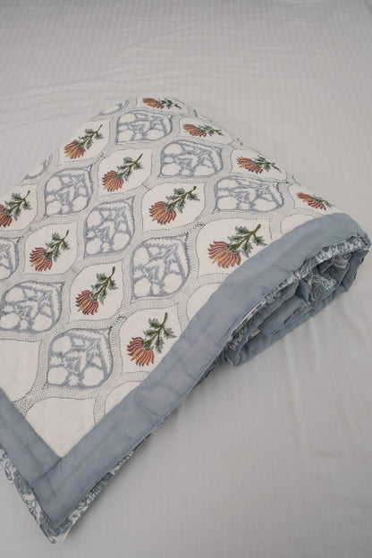Grey & Brown Floral Jaal Handblock Reversible Double Quilt
