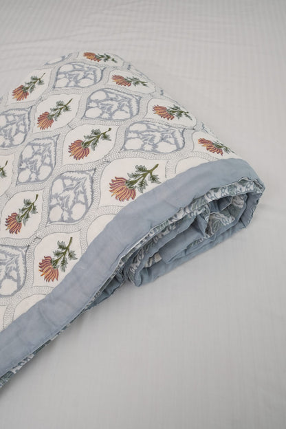 Grey & Brown Floral Jaal Handblock Reversible Double Quilt