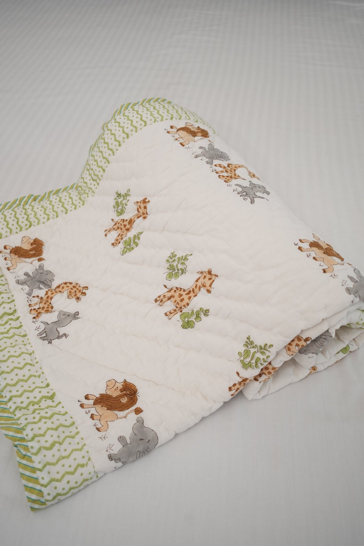 Lion Elephant & Giraffe Hand Block Printed Kids Quilt