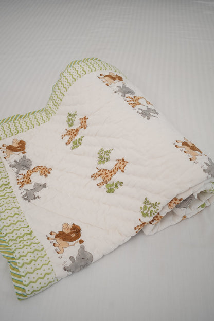 Lion Elephant & Giraffe Hand Block Printed Kids Quilt