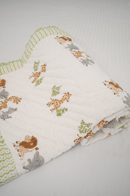 Lion Elephant & Giraffe Hand Block Printed Kids Quilt