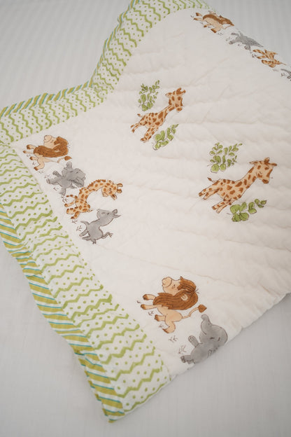 Lion Elephant & Giraffe Hand Block Printed Kids Quilt