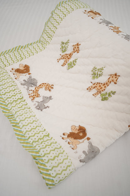 Lion Elephant & Giraffe Hand Block Printed Kids Quilt