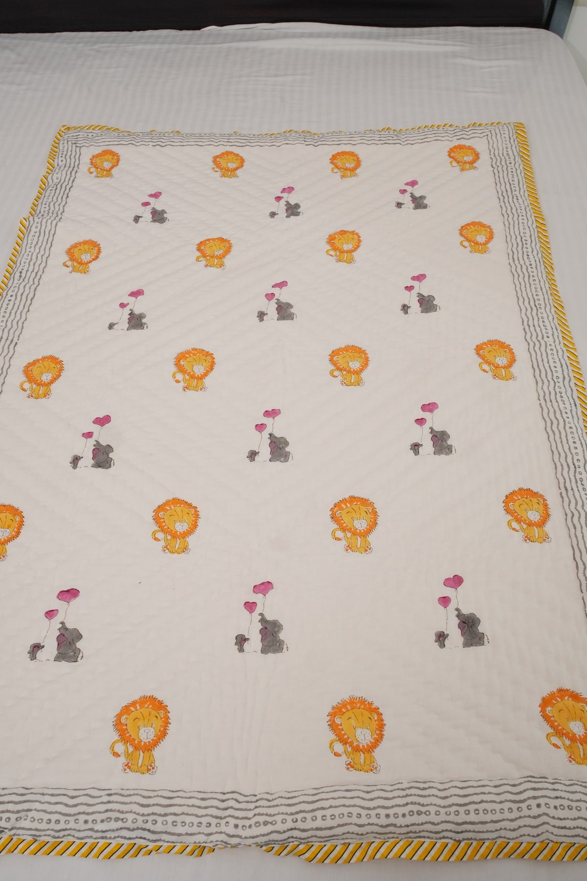Lion & Balloon Hand Block Printed Kids Quilt
