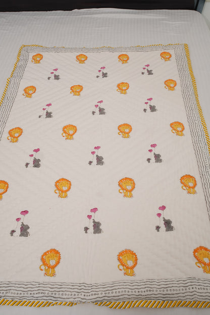 Lion & Balloon Hand Block Printed Kids Quilt
