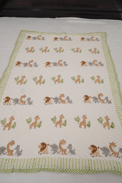 Lion Elephant & Giraffe Hand Block Printed Kids Quilt