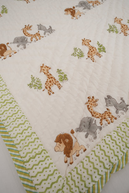 Lion Elephant & Giraffe Hand Block Printed Kids Quilt