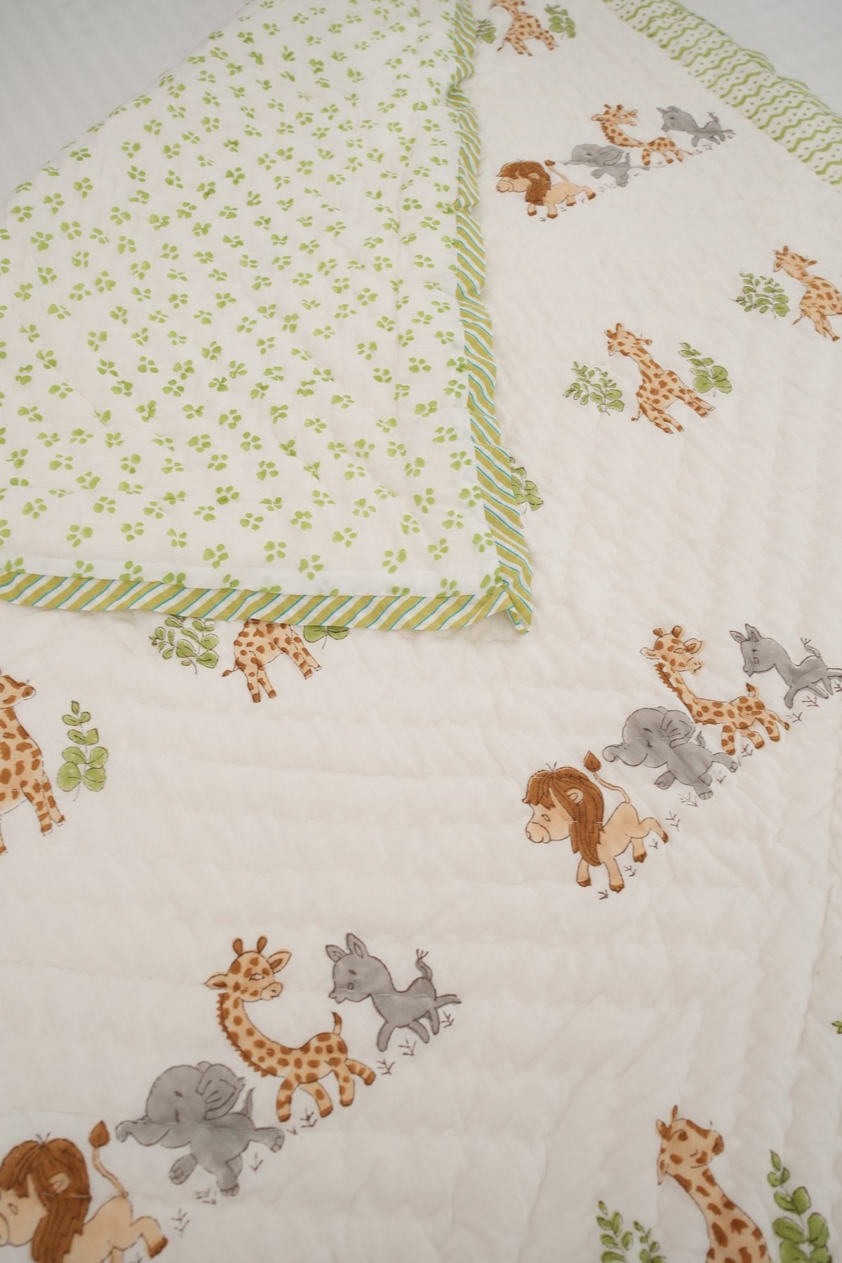 Lion Elephant & Giraffe Hand Block Printed Kids Quilt