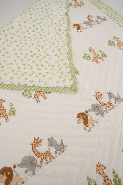 Lion Elephant & Giraffe Hand Block Printed Kids Quilt