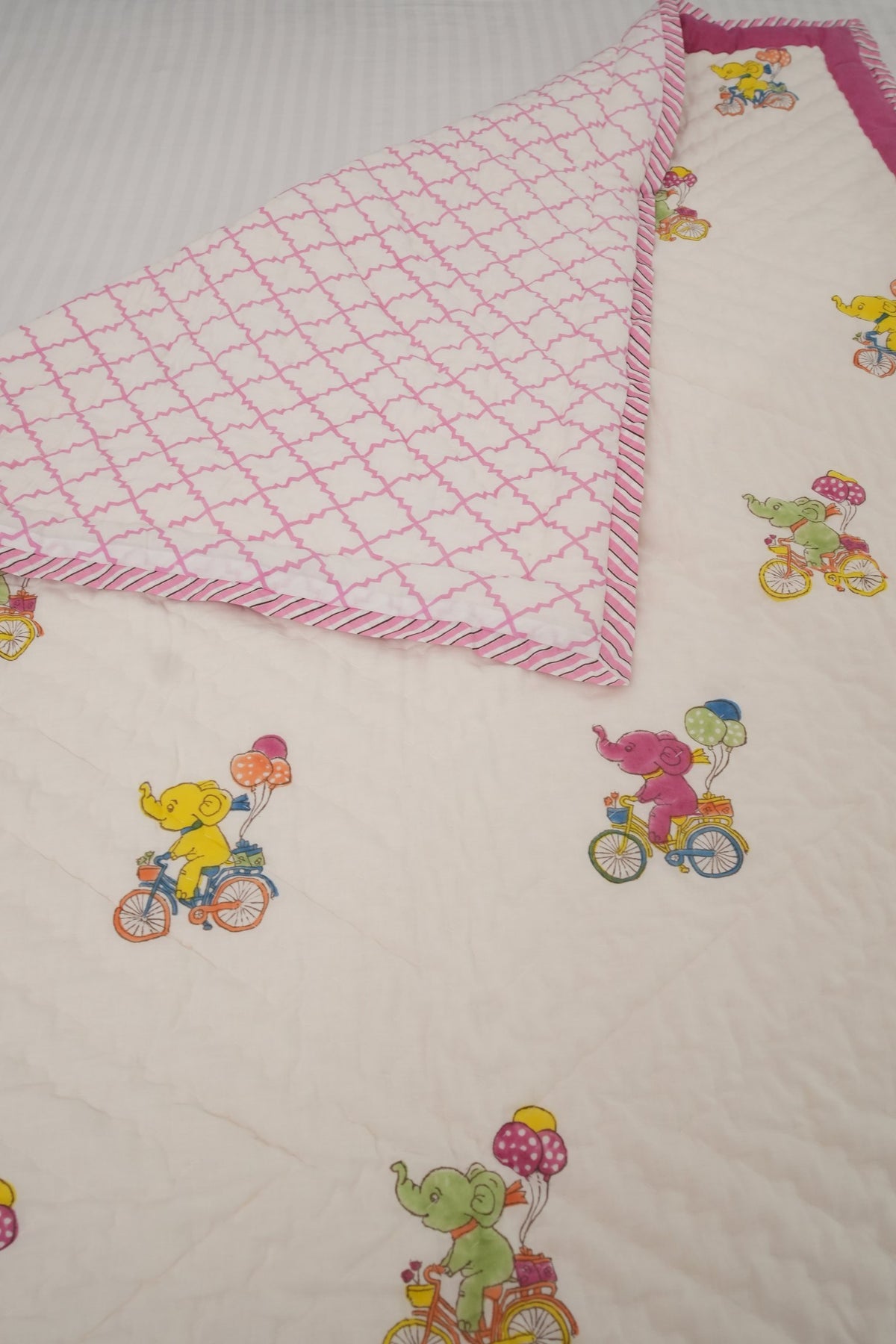 Elephant & Balloon Hand Block Printed Kids Quilt