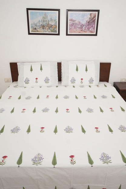 Red & Purple Floral Handblock Cotton Percale 300 TC Bedsheet