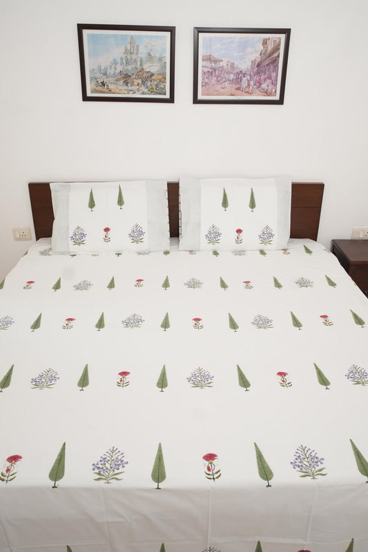 Red & Purple Floral Handblock Cotton Percale 300 TC Bedsheet