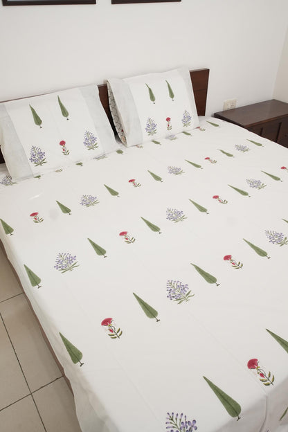 Red & Purple Floral Handblock Cotton Percale 300 TC Bedsheet