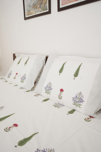 Red & Purple Floral Handblock Cotton Percale 300 TC Bedsheet