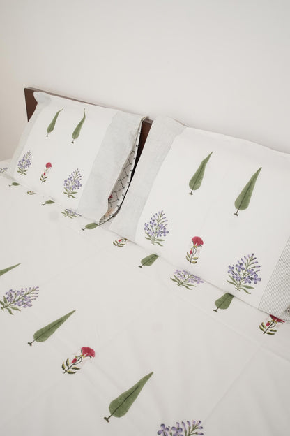 Red & Purple Floral Handblock Cotton Percale 300 TC Bedsheet