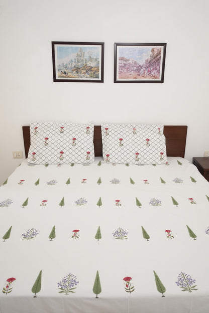 Red & Purple Floral Handblock Cotton Percale 300 TC Bedsheet