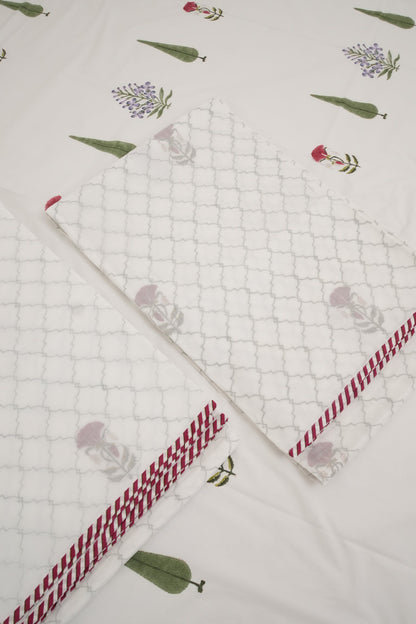 3D Floral Green Leaf & Small Red and Purple Flower Handblock Cotton Percale 300 TC Bedsheet & Single Pair Dohar Set