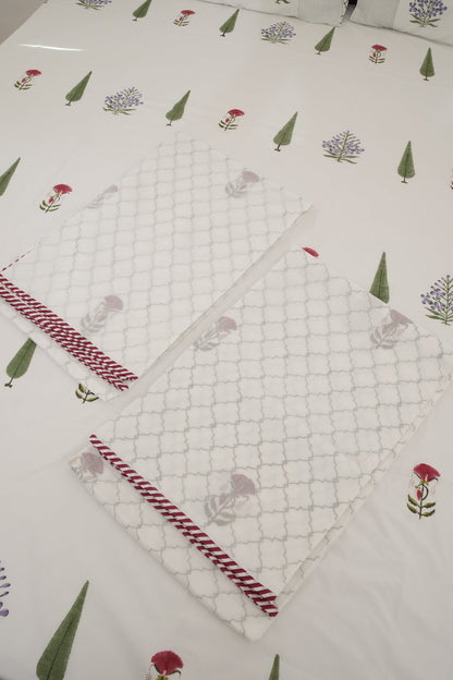3D Floral Green Leaf & Small Red and Purple Flower Handblock Cotton Percale 300 TC Bedsheet & Single Pair Dohar Set
