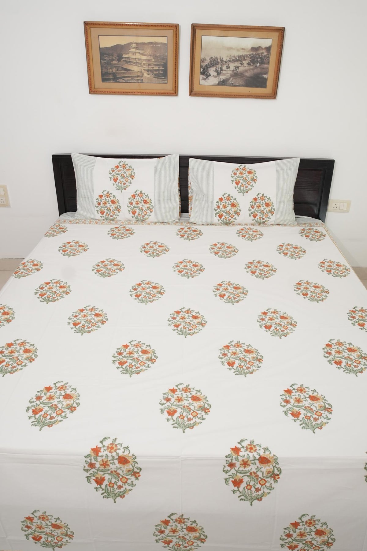 Orange Floral Handblock Cotton Percale 300 TC Bedsheet