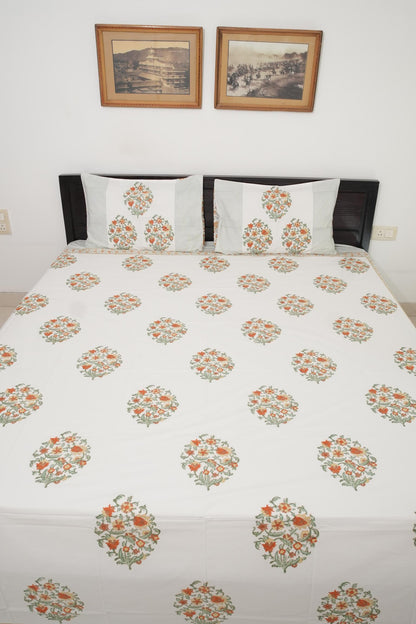 Orange Floral Handblock Cotton Percale 300 TC Bedsheet