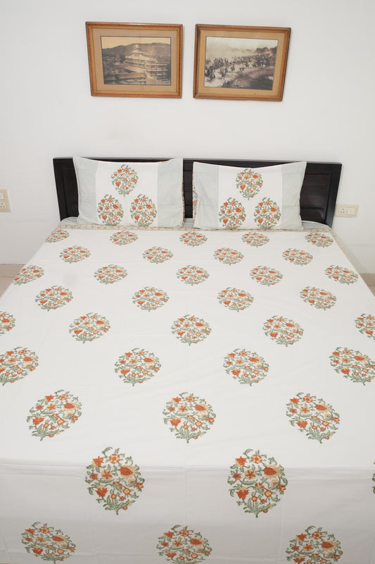 Orange Floral Handblock Cotton Percale 300 TC Bedsheet