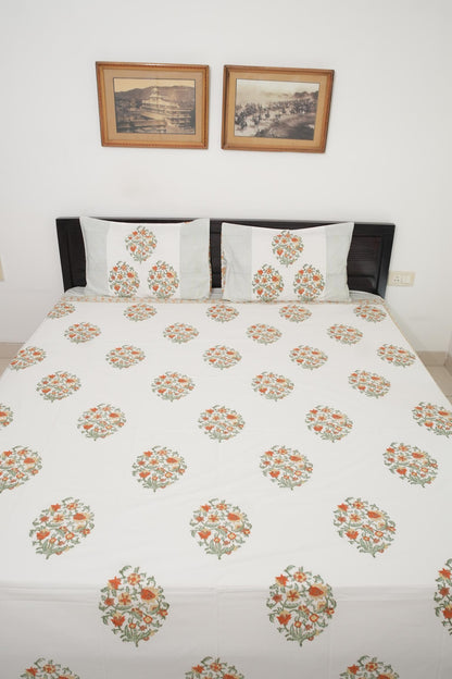 Orange Floral Handblock Cotton Percale 300 TC Bedsheet