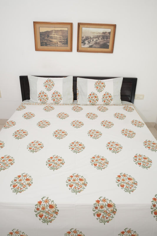 Orange Floral Handblock Cotton Percale 300 TC Bedsheet