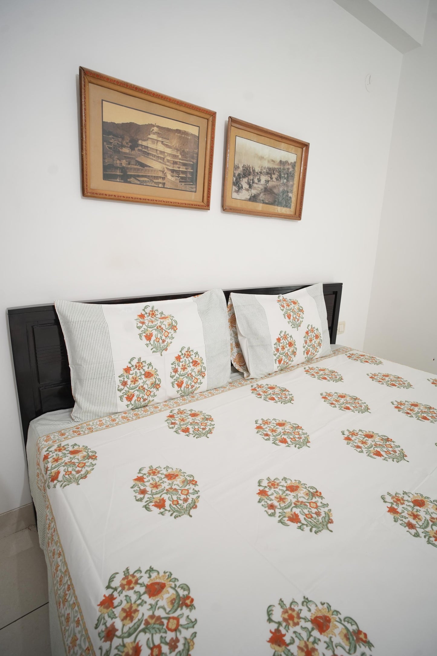 Orange Floral Handblock Cotton Percale 300 TC Bedsheet
