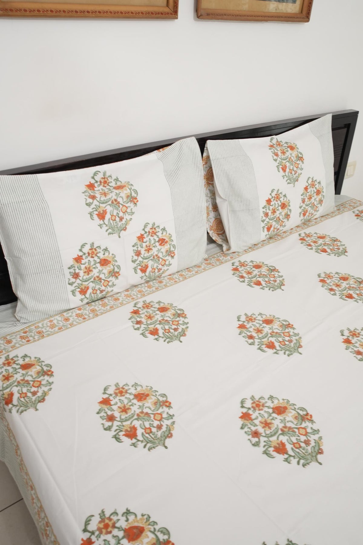 Orange Floral Handblock Cotton Percale 300 TC Bedsheet