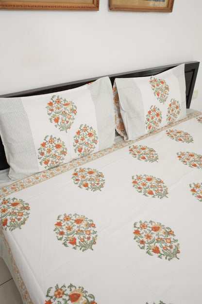 Orange Floral Handblock Cotton Percale 300 TC Bedsheet