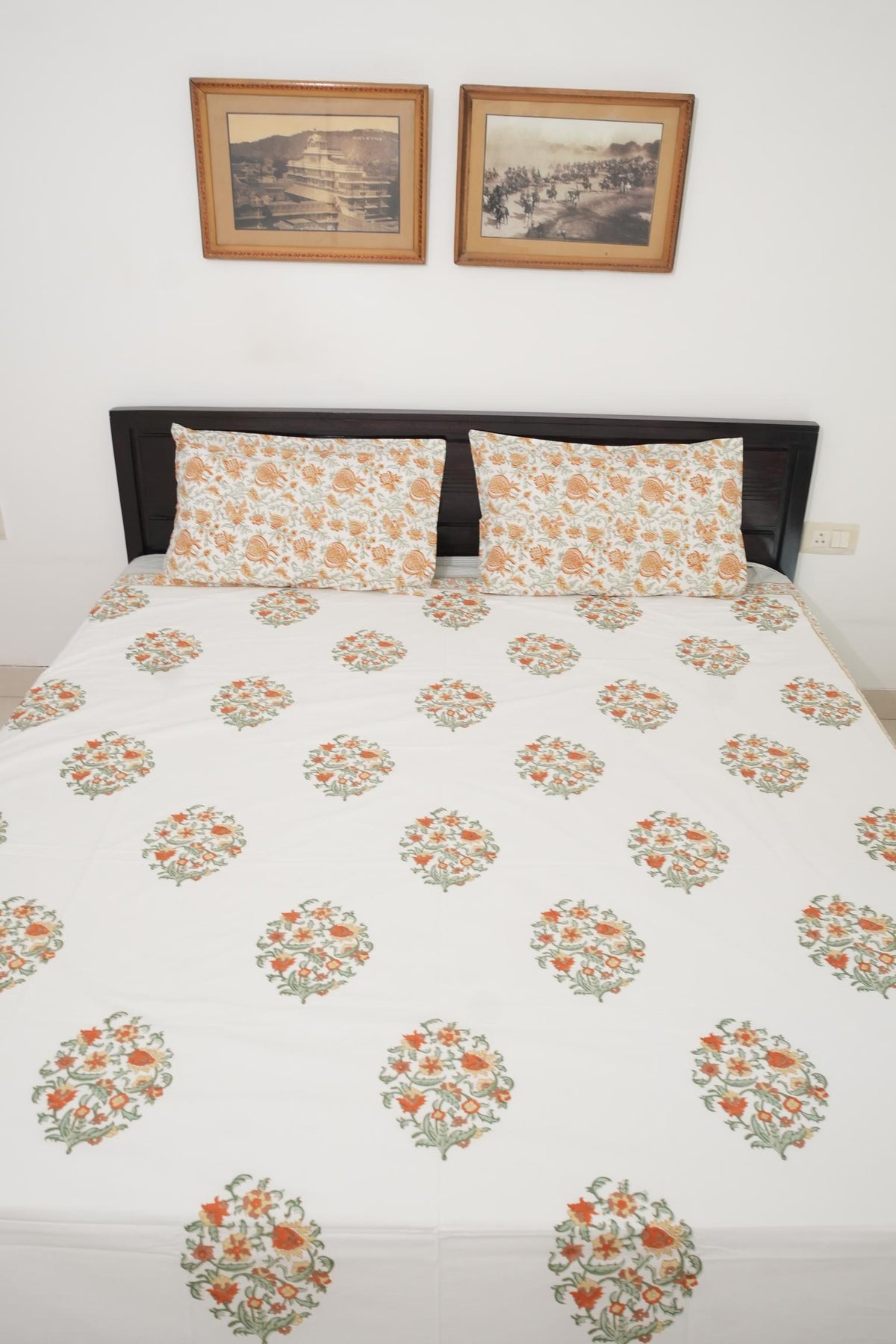Orange Floral Handblock Cotton Percale 300 TC Bedsheet