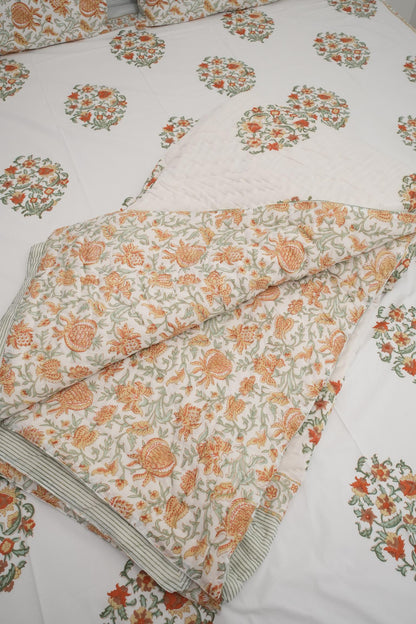 Orange Floral Handblock Cotton Percale 300 TC Bedsheet