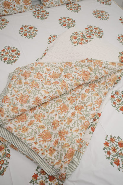 Orange Floral Handblock Cotton Percale 300 TC Bedsheet & Double Quilt Set