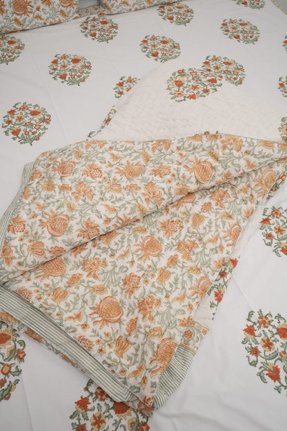 Orange Floral Handblock Cotton Percale 300 TC Bedsheet & Double Quilt Set