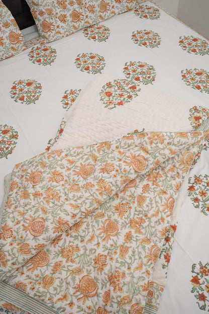Orange Floral Handblock Cotton Percale 300 TC Bedsheet & Double Quilt Set