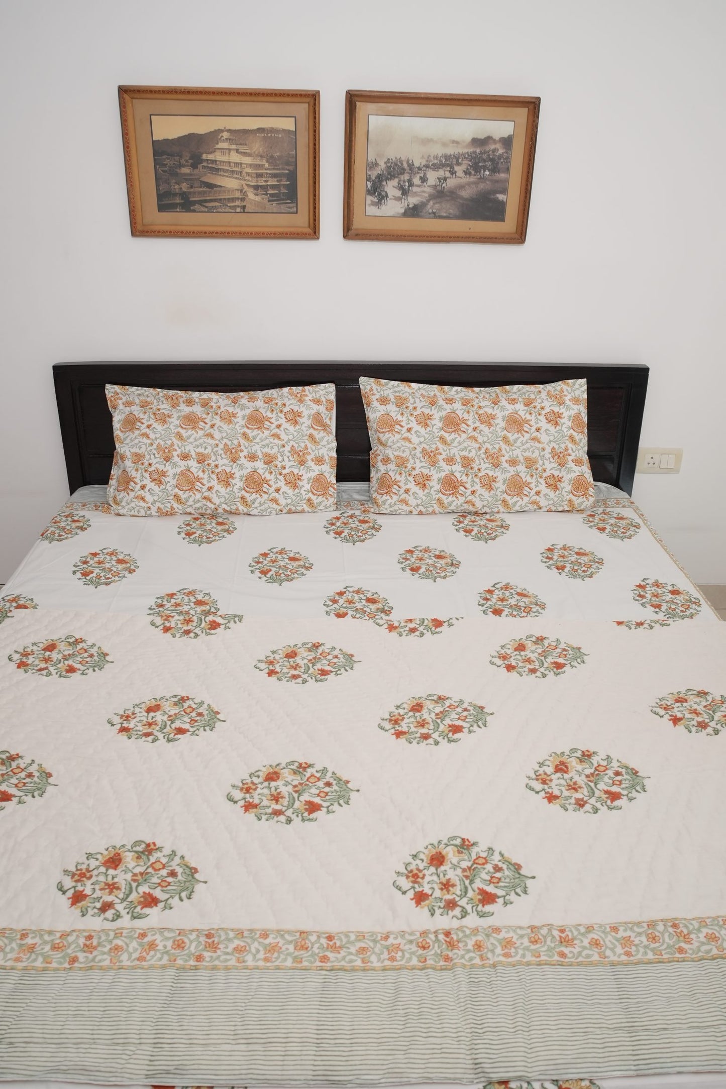 Orange Floral Handblock Cotton Percale 300 TC Bedsheet & Double Quilt Set