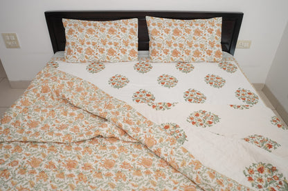 Orange Floral Handblock Cotton Percale 300 TC Bedsheet & Double Quilt Set