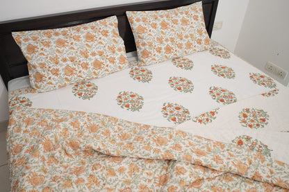 Orange Floral Handblock Cotton Percale 300 TC Bedsheet & Double Quilt Set