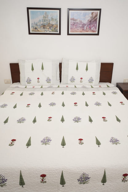Red & Purple Floral with Green Leaf Handblock Cotton Percale 300 TC Bedsheet & Comforter Set