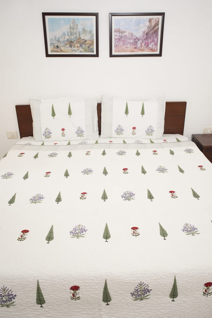 Red & Purple Floral with Green Leaf Handblock Cotton Percale 300 TC Bedsheet & Comforter Set
