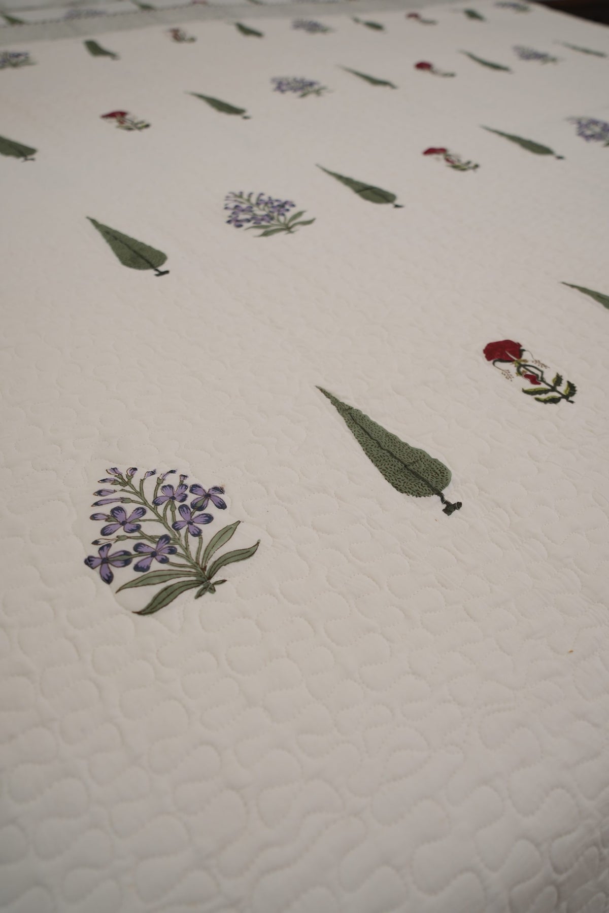 Red & Purple Floral with Green Leaf Handblock Cotton Percale 300 TC Bedsheet & Comforter Set